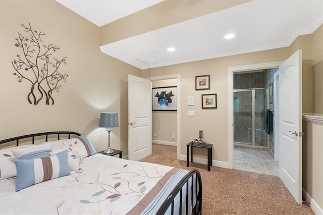 bedroom featuring light carpet, crown molding, recessed lighting, and baseboards