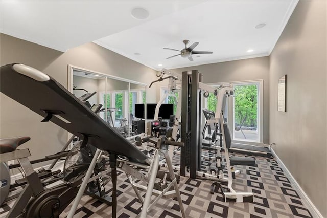 workout area with healthy amount of natural light, baseboards, crown molding, ceiling fan, and recessed lighting