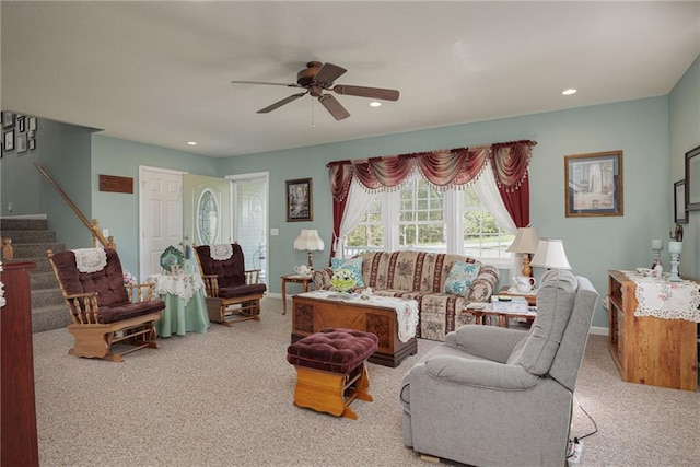 102 W Swenson Dr, Savannah, MO 64485 - carpeted living area featuring a ceiling fan, stairs, recessed lighting, and baseboards