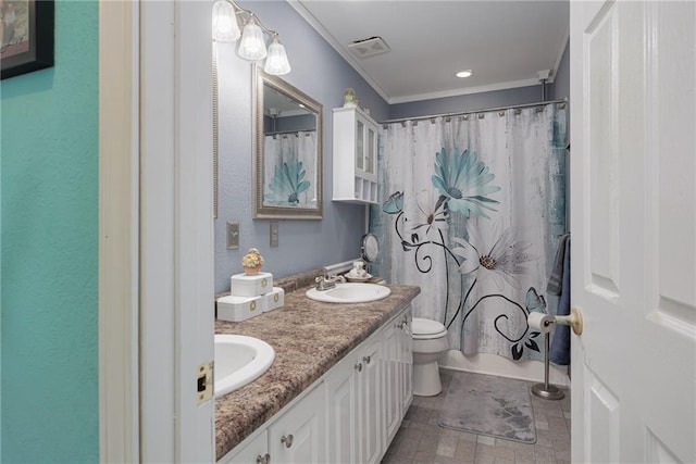 102 W Swenson Dr, Savannah, MO 64485 - bathroom featuring toilet, double vanity, ornamental molding, and a shower with shower curtain