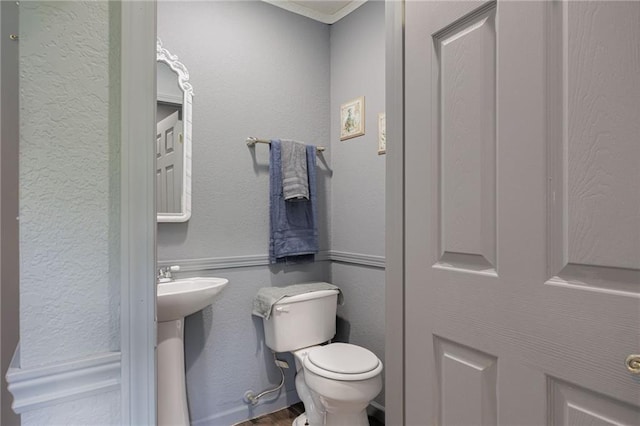 102 W Swenson Dr, Savannah, MO 64485 - half bath with toilet, wood finished floors, a textured wall, a sink, and ornamental molding
