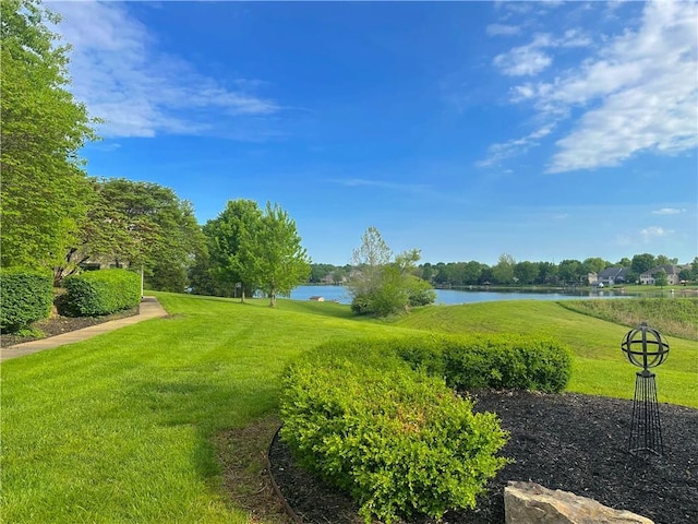 view of green lawn with a water view