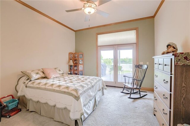bedroom with light carpet, access to exterior, ornamental molding, baseboards, and a ceiling fan