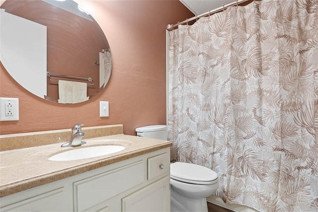 588 NW 105th Rd, Centerview, MO 64019 - full bath featuring toilet, vanity, a textured wall, and curtained shower