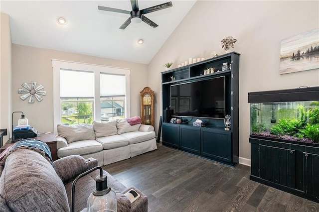 living area featuring ceiling fan, dark wood-style floors, high vaulted ceiling, and recessed lighting