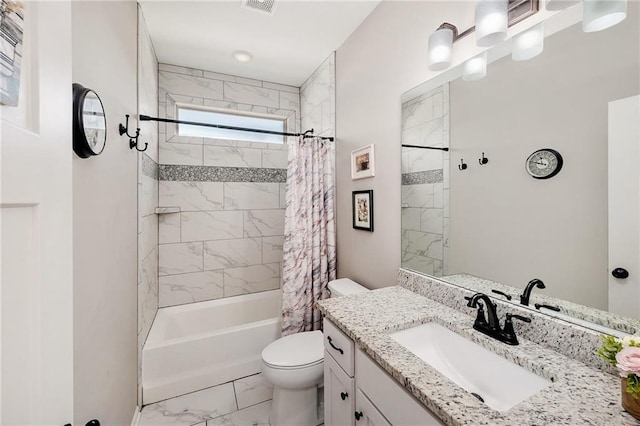 bathroom with marble finish flooring, toilet, shower / tub combo, and vanity