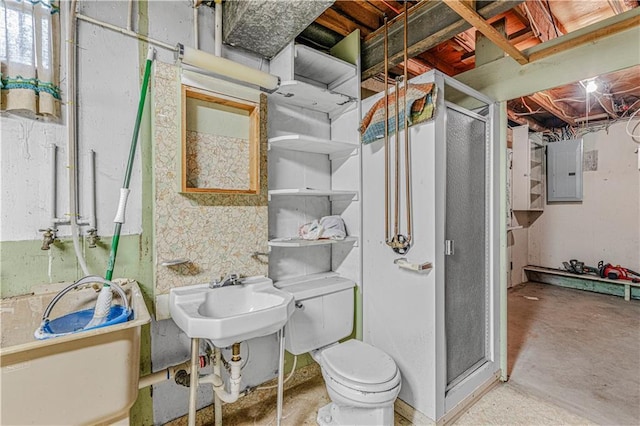8739 Lafayette Ave, Kansas City, KS 66109 - full bath featuring electric panel, toilet, concrete floors, a shower stall, and a sink