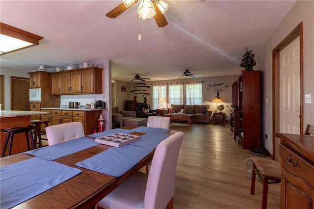 403 S 2nd St, Drexel, MO 64742 - dining space featuring ceiling fan, a textured ceiling, and light wood-style floors