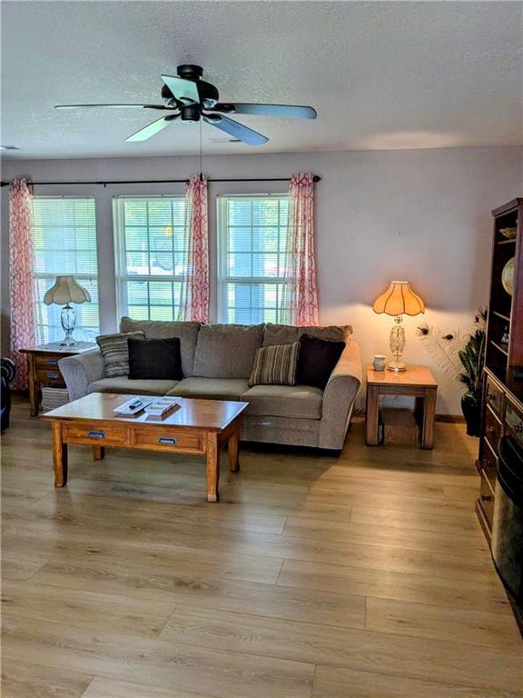 403 S 2nd St, Drexel, MO 64742 - living area featuring a ceiling fan, light wood-style floors, and a textured ceiling