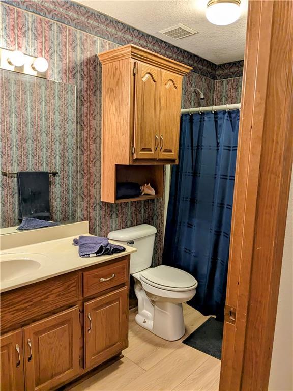 403 S 2nd St, Drexel, MO 64742 - full bath featuring wallpapered walls, wood finished floors, toilet, vanity, and a textured ceiling