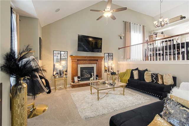 5912 NE Hidden Valley Dr, Lees Summit, MO 64064 - living room featuring high vaulted ceiling, carpet, a chandelier, a tile fireplace, and ceiling fan