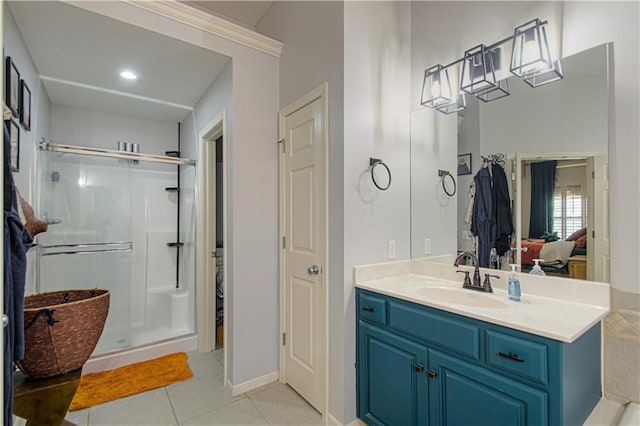 5912 NE Hidden Valley Dr, Lees Summit, MO 64064 - full bath with a stall shower, vanity, tile patterned flooring, connected bathroom, and baseboards