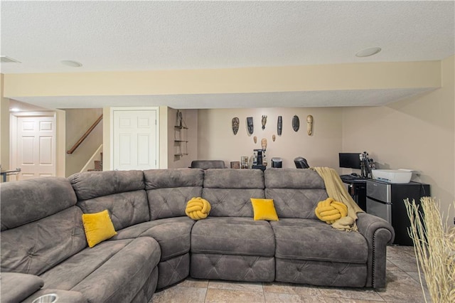 5912 NE Hidden Valley Dr, Lees Summit, MO 64064 - living room featuring a textured ceiling and stairs