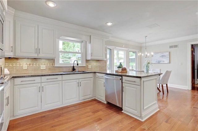 9000 W 104th St, Overland Park, KS 66212 - kitchen featuring visible vents, a peninsula, white cabinets, a sink, and dishwasher