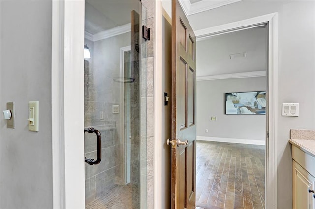 9000 W 104th St, Overland Park, KS 66212 - full bathroom featuring crown molding, vanity, and a stall shower