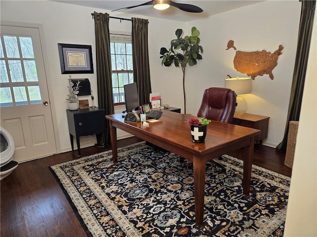 606 W Red Bridge Rd, Kansas City, MO 64114 - office featuring baseboards, ceiling fan, and dark wood-style floors