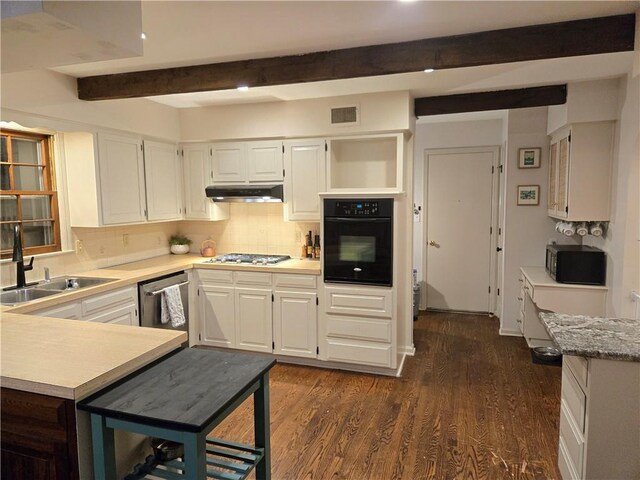 606 W Red Bridge Rd, Kansas City, MO 64114 - kitchen with black appliances, a sink, beam ceiling, under cabinet range hood, and decorative backsplash