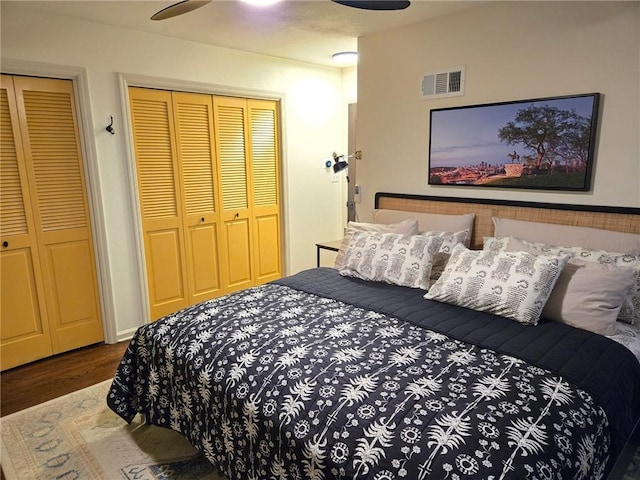 606 W Red Bridge Rd, Kansas City, MO 64114 - bedroom featuring wood finished floors, two closets, and a ceiling fan
