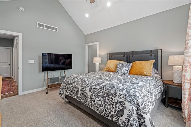 bedroom with ceiling fan, carpet floors, high vaulted ceiling, baseboards, and visible vents