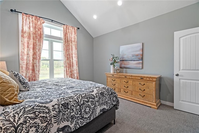 carpeted bedroom with recessed lighting, baseboards, and lofted ceiling