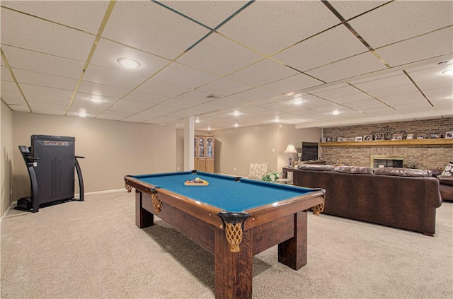 recreation room featuring light colored carpet, recessed lighting, baseboards, a paneled ceiling, and billiards