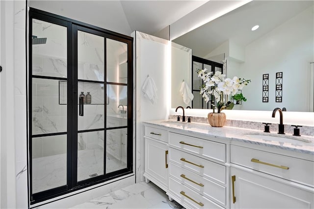 full bathroom with marble look tile flooring, vaulted ceiling, a stall shower, and double vanity