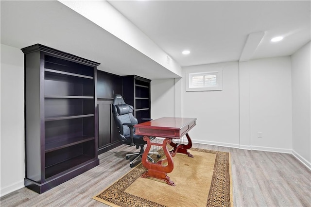 office featuring wood finished floors, recessed lighting, and baseboards