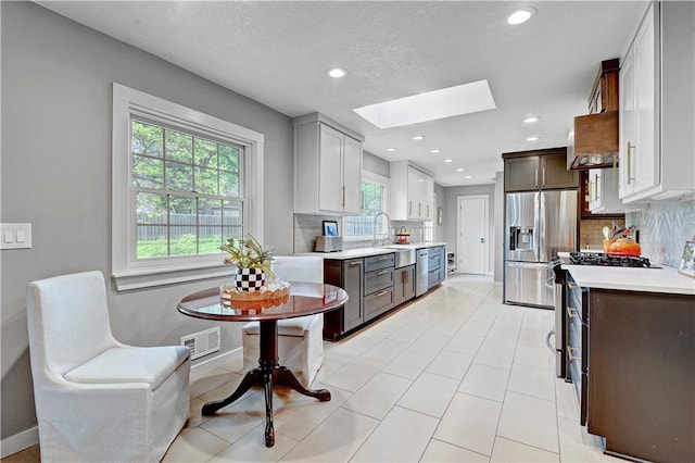 kitchen with stainless steel appliances, a skylight, ventilation hood, tasteful backsplash, and a sink