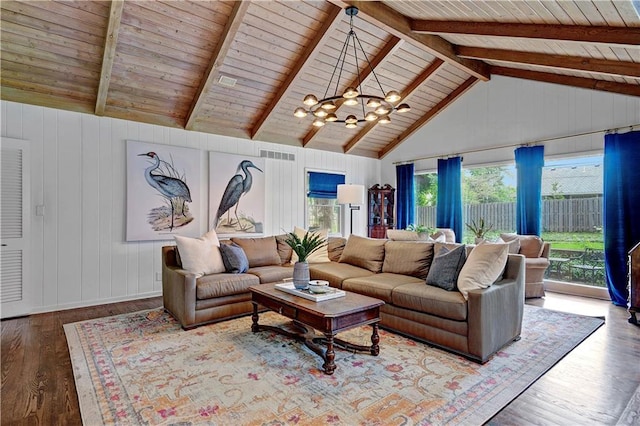 living area with a chandelier, wood ceiling, wood finished floors, and wood walls