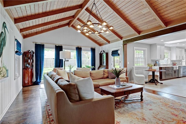 living room featuring wood ceiling, a chandelier, and wood finished floors
