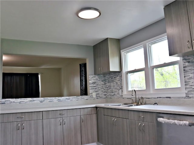 3417 Jackson Ave, Kansas City, MO 64128 - kitchen with a sink, light countertops, decorative backsplash, stainless steel dishwasher, and gray cabinetry