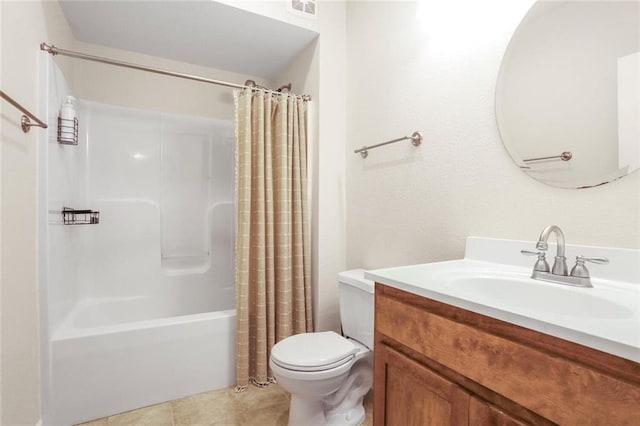 bathroom with toilet, shower / bathtub combination with curtain, vanity, and tile patterned flooring