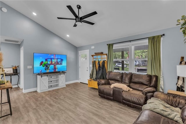 living room with light wood-style flooring, a ceiling fan, baseboards, recessed lighting, and visible vents