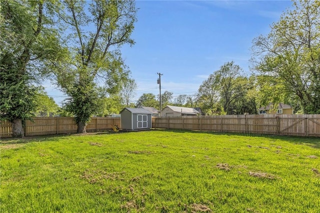 view of yard with an outbuilding, a fenced backyard, and a storage unit