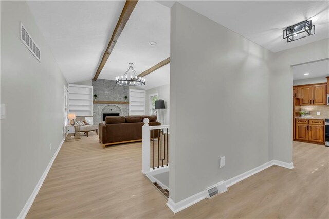 213 Lake Village Blvd, Blue Springs, MO 64014 - hallway with visible vents, lofted ceiling with beams, baseboards, and light wood finished floors