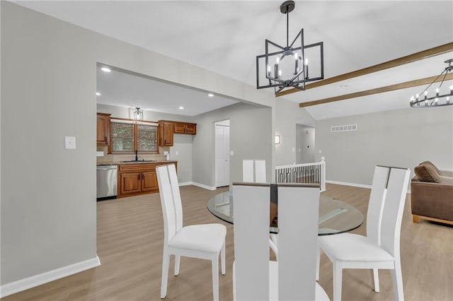 213 Lake Village Blvd, Blue Springs, MO 64014 - dining area featuring visible vents, baseboards, a notable chandelier, light wood-style floors, and recessed lighting
