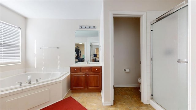 full bath featuring a garden tub, vanity, a wealth of natural light, and a shower stall