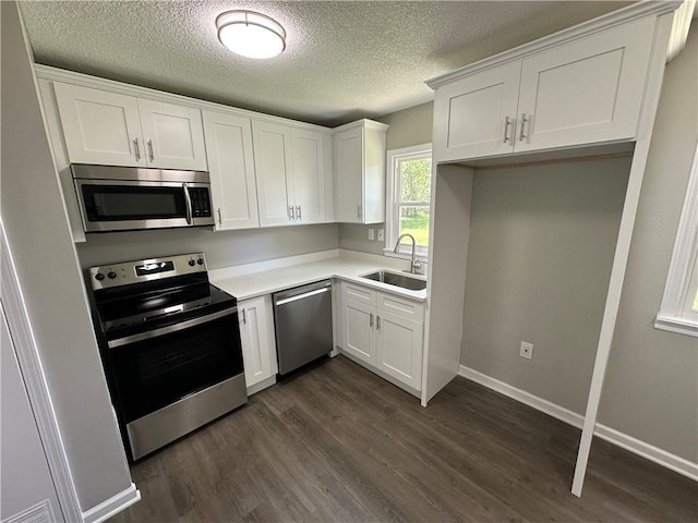kitchen with a sink, dark wood finished floors, appliances with stainless steel finishes, and white cabinetry