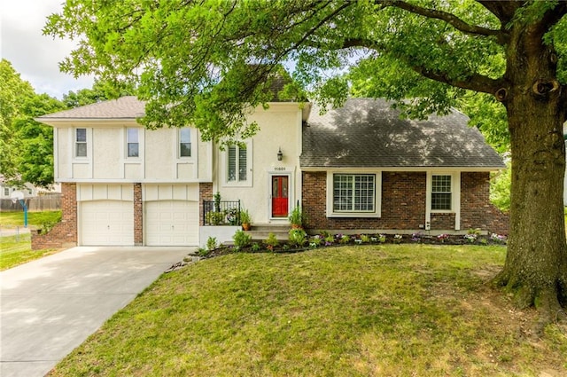 11801 Avila Dr, Kansas City, MO 64114 - split level home with brick siding, concrete driveway, a front lawn, and an attached garage