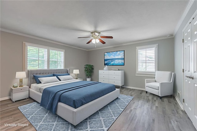 11801 Avila Dr, Kansas City, MO 64114 - bedroom with wood finished floors, ornamental molding, and a ceiling fan