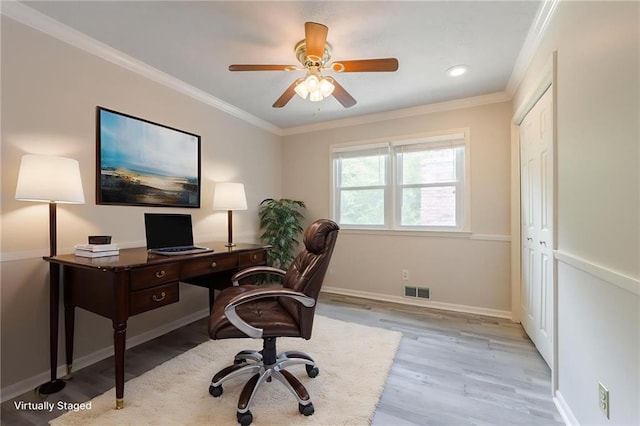 11801 Avila Dr, Kansas City, MO 64114 - home office with light wood-style flooring, ornamental molding, a ceiling fan, and recessed lighting