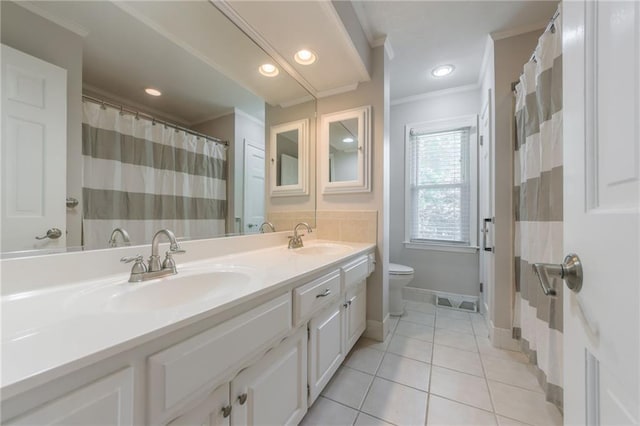 11801 Avila Dr, Kansas City, MO 64114 - full bathroom featuring crown molding, double vanity, tile patterned flooring, and recessed lighting
