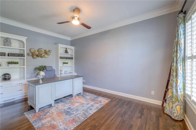 5701 W 148th Pl, Overland Park, KS 66223 - office with dark wood-style floors, a ceiling fan, and ornamental molding