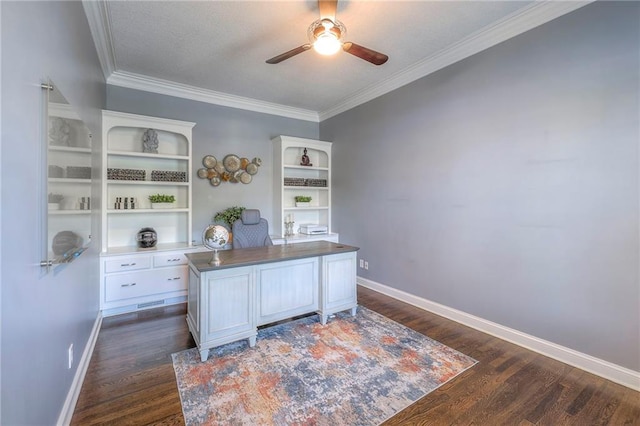 5701 W 148th Pl, Overland Park, KS 66223 - office area featuring ceiling fan, dark wood finished floors, and ornamental molding