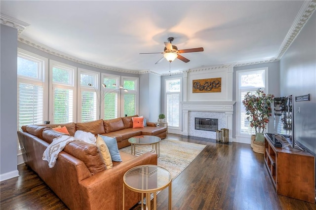 5701 W 148th Pl, Overland Park, KS 66223 - living area featuring a ceiling fan, a fireplace with flush hearth, dark wood finished floors, and crown molding
