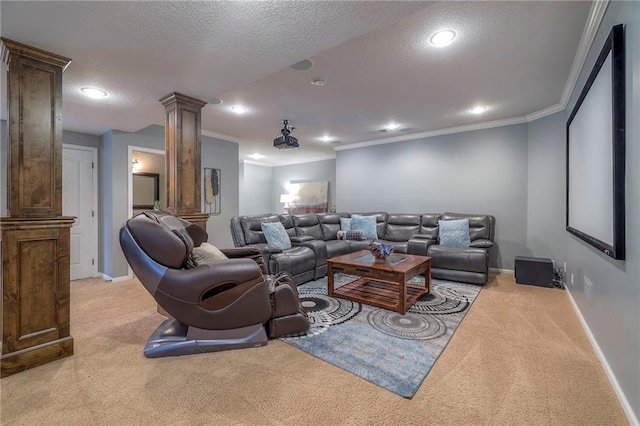 5701 W 148th Pl, Overland Park, KS 66223 - living room with ornate columns, light carpet, ornamental molding, recessed lighting, and a textured ceiling