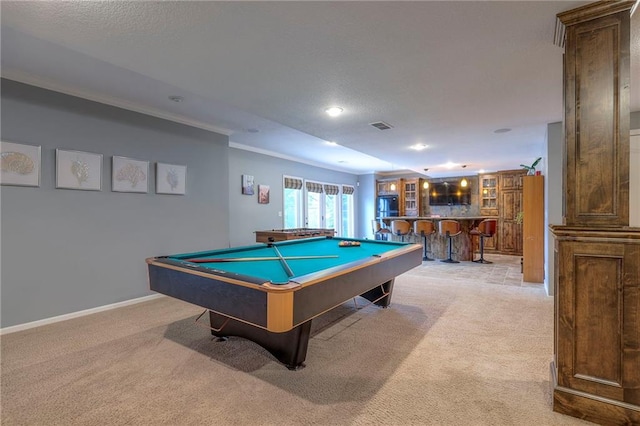 5701 W 148th Pl, Overland Park, KS 66223 - rec room featuring bar, light carpet, billiards, ornamental molding, and recessed lighting