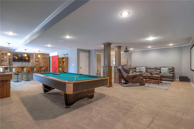 5701 W 148th Pl, Overland Park, KS 66223 - rec room featuring bar, carpet, billiards table, recessed lighting, and crown molding