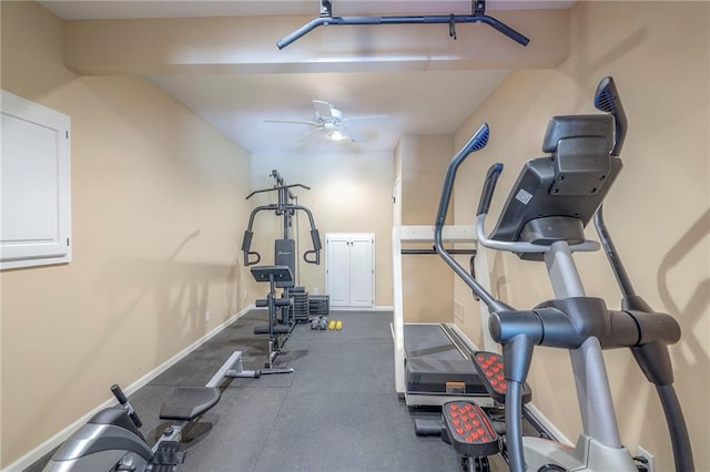 5701 W 148th Pl, Overland Park, KS 66223 - workout room featuring baseboards and ceiling fan