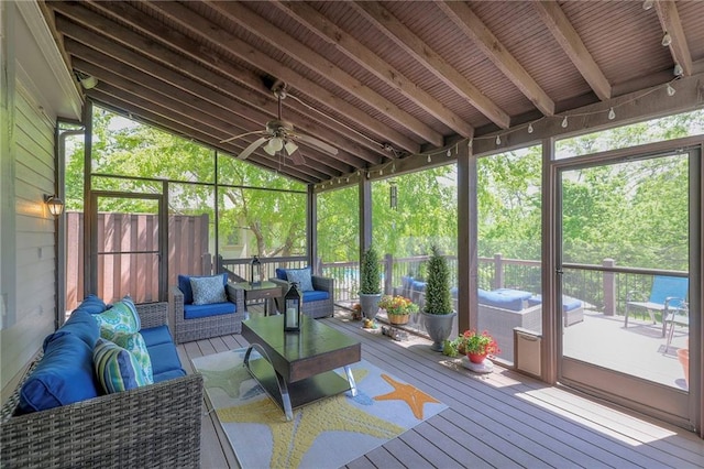 5701 W 148th Pl, Overland Park, KS 66223 - sunroom featuring outdoor lounge area and ceiling fan